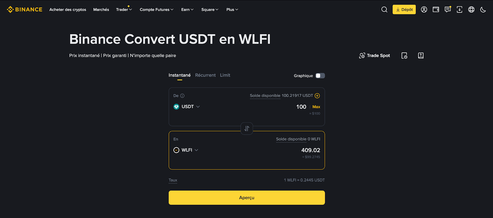 conversion USDT WLFI