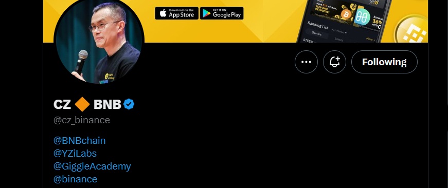 Profil X de CZ Binance