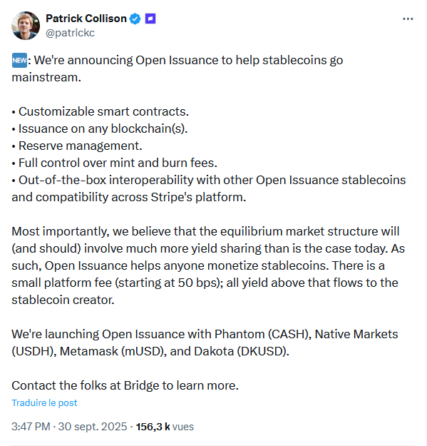 @patrickc - Open Issuance stablecoins Bridge tweet
