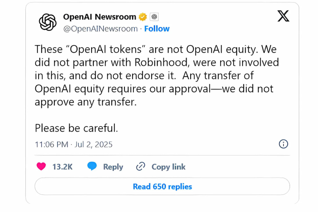 openai x announcement about tokenization of robinhood