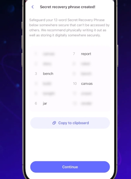 PENTING!! Anda akan menerima Secret Recovery Phrase. Simpan ini baik-baik secara offline. Frasa ini adalah satu-satunya jalan untuk memulihkan akses ke dompet Anda.