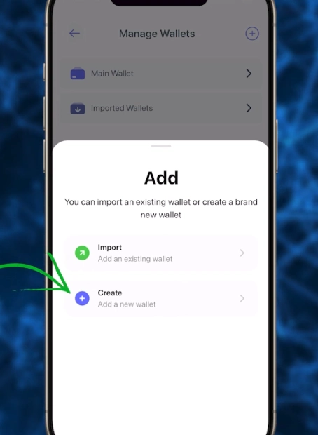 Pilih opsi “Create” jika ingin membuat dompet baru dari awal. Alternatifnya, Anda bisa pilih “Import” jika sudah punya dompet sebelumnya.