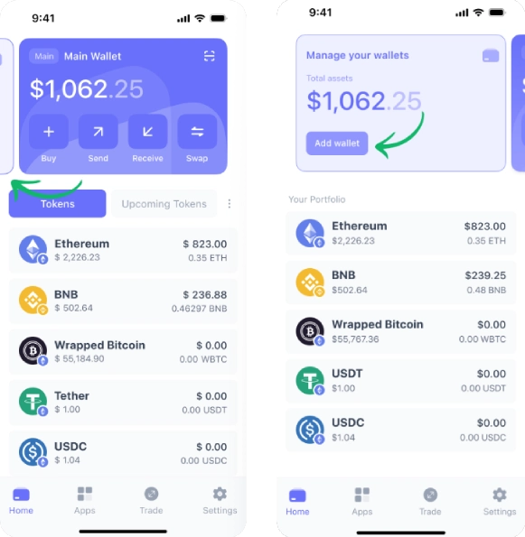 Setelah proses pendaftaran selesai dan akun terverifikasi, geser tampilan beranda untuk mengakses Multi-Wallet View.