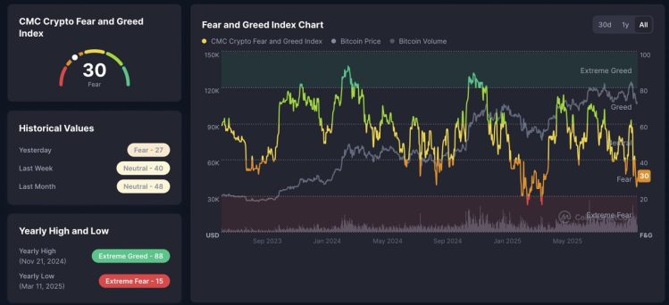 Crypto Fear and Greed Index di skor 30 Large