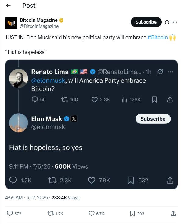 Post su X di Elon Musk