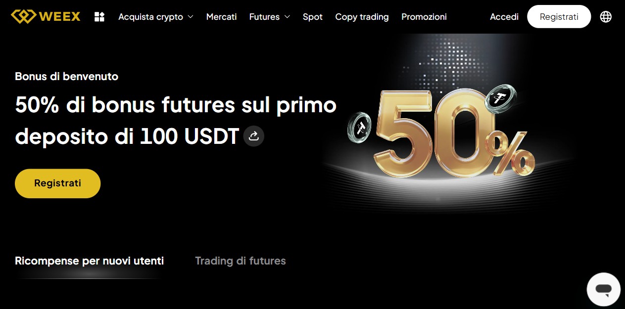 Weex propone ai nuovi trader un bonus del 50% sul primo deposito - IT