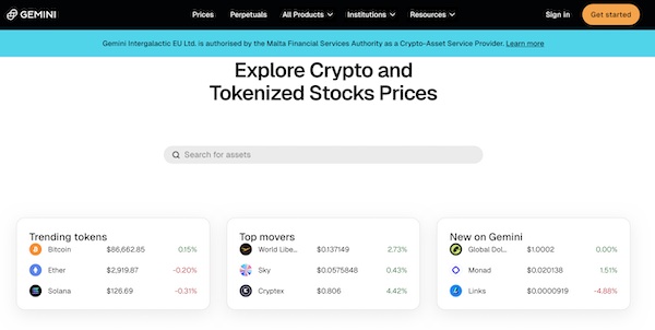 crypto su Gemini exchange