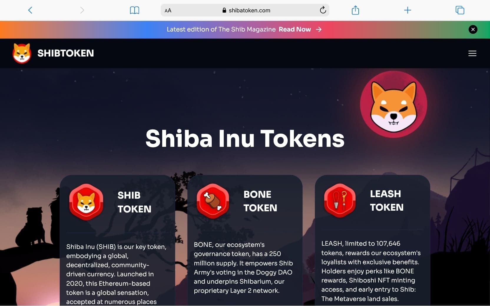 柴犬コイン（Shiba Coin／SHIB）公式サイトのトップ画面