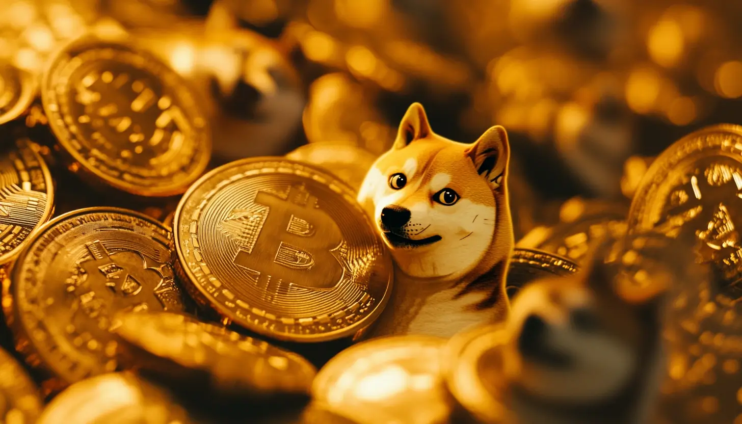 ビットコインのコインの山の中に埋もれた柴犬のマスコット