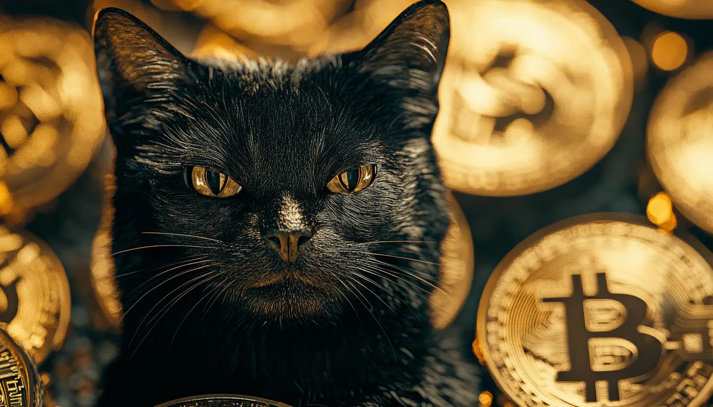 ビットコインに囲まれた黒猫の鋭い視線