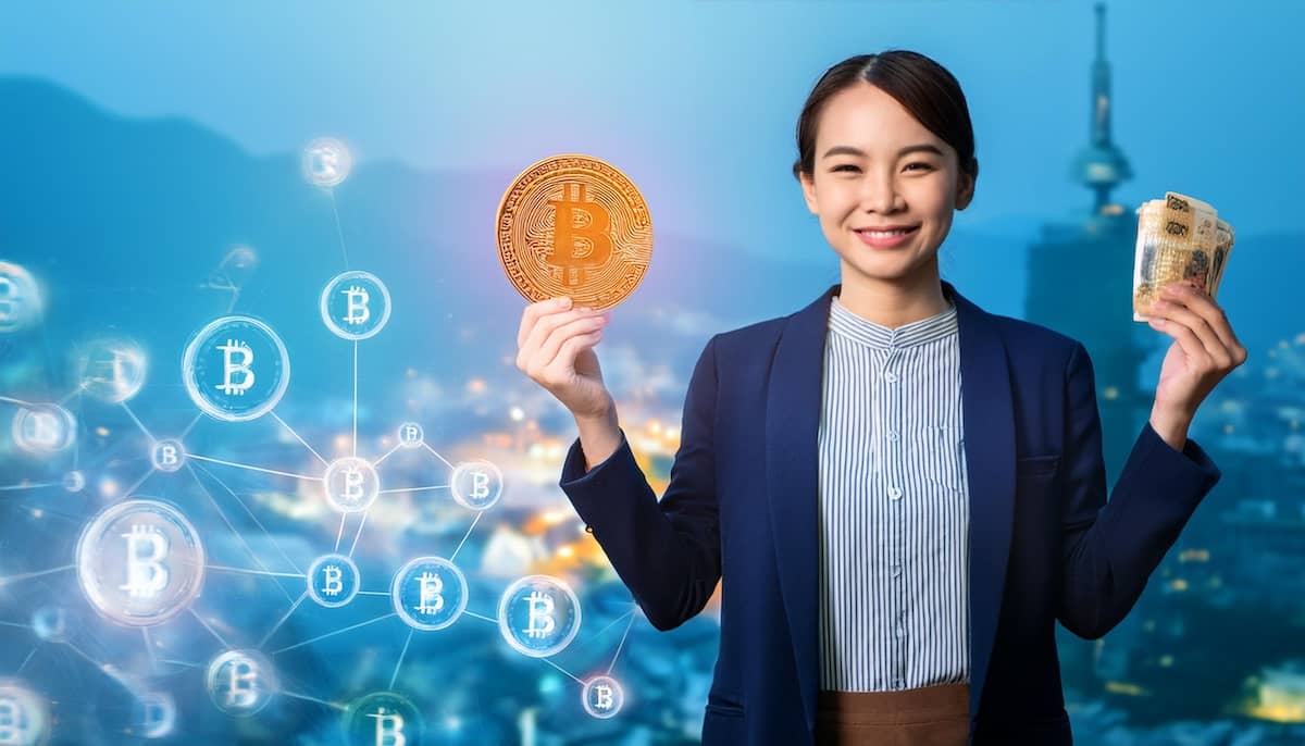 仮想通貨を手に持っている女性