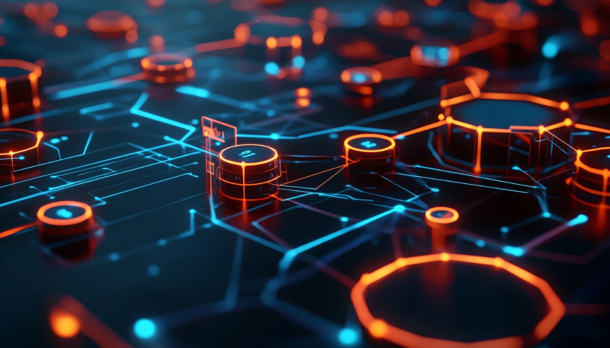 デジタルネットワークや技術的な構造を表す抽象図