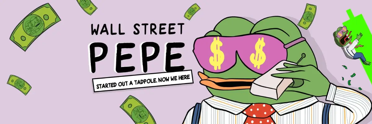 「Wall Street Pepe」のロゴと、ドル記号のサングラスをかけたスーツ姿のペペがデザインされたヘッダー画像。