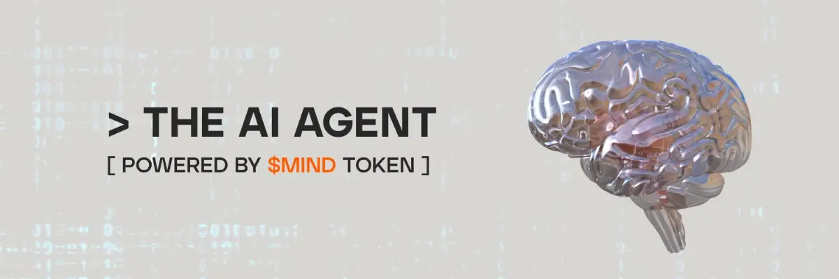 「THE AI AGENT POWERED BY $MINDトークン」という文字と、金属質な脳のビジュアルを組み合わせたヘッダー画像