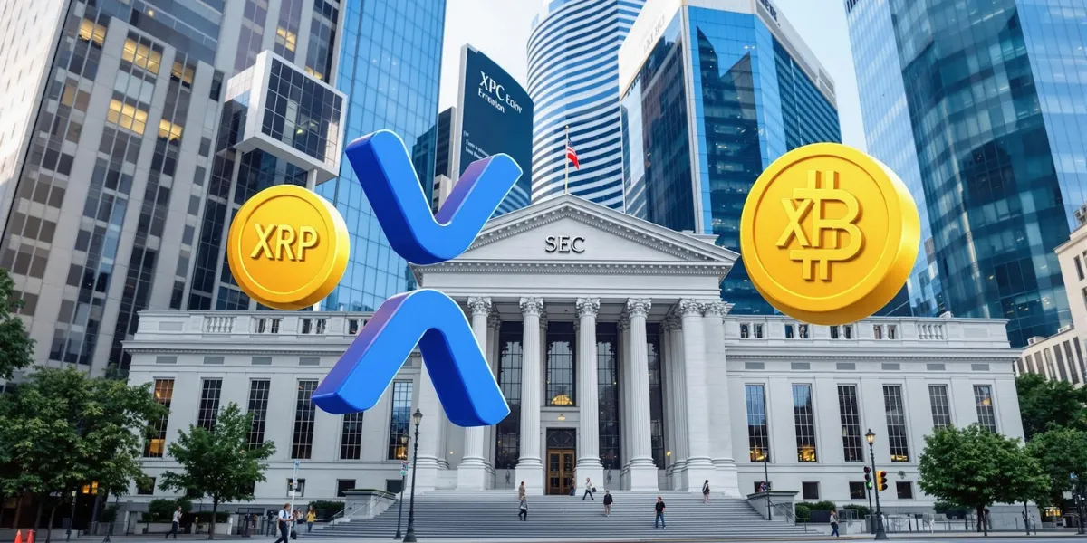 SECビルとXRP ETFのシンボルを組み合わせた構成画像