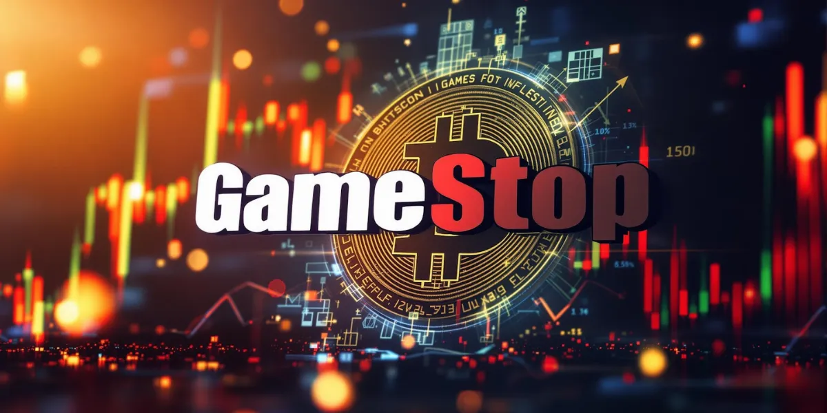 ゲームストップのロゴとビットコインシンボルが融合した上昇相場のイメージ