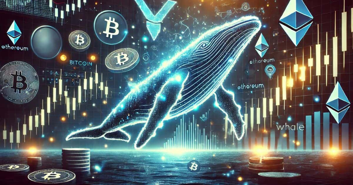 ビットコインなどの仮想通貨シンボルや価格推移グラフを背景に、輝くクジラが宙を泳ぐ光景