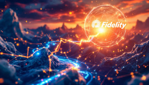 フィデリティのロゴとソラナブロックチェーンへの機関投資を表現した概念図