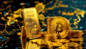 金塊とデジタルコインが並び、背景には世界地図でロシア、中国、イランが強調されている