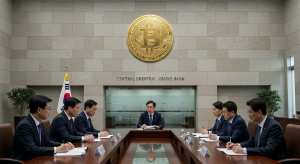 韓国銀行とビットコイン準備金の慎重な検討を表現したイメージ