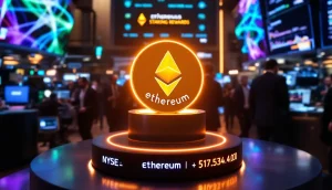 ニューヨーク証券取引所の取引フロアに置かれたイーサリアムとステーキング報酬の視覚化
