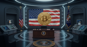 米国国旗とビットコインのロゴが描かれた未来的な大統領府の背景