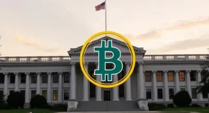 米国財務省の建物とビットコインのシンボルが重なった画像