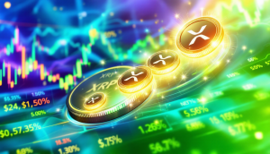 XRPコインと3つの新興仮想通貨が市場チャートを背景に上昇する様子