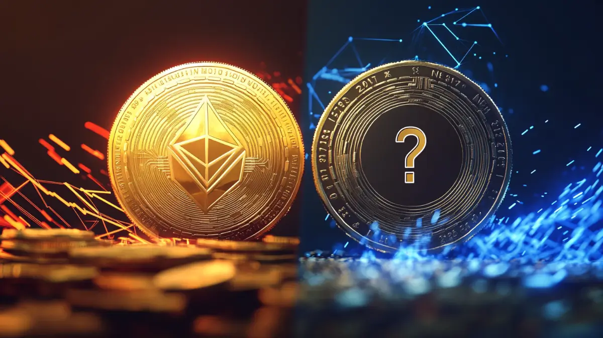 イーサリアムのゴールドコインと謎のクエスチョンマーク付き仮想通貨コインが対比された画像。