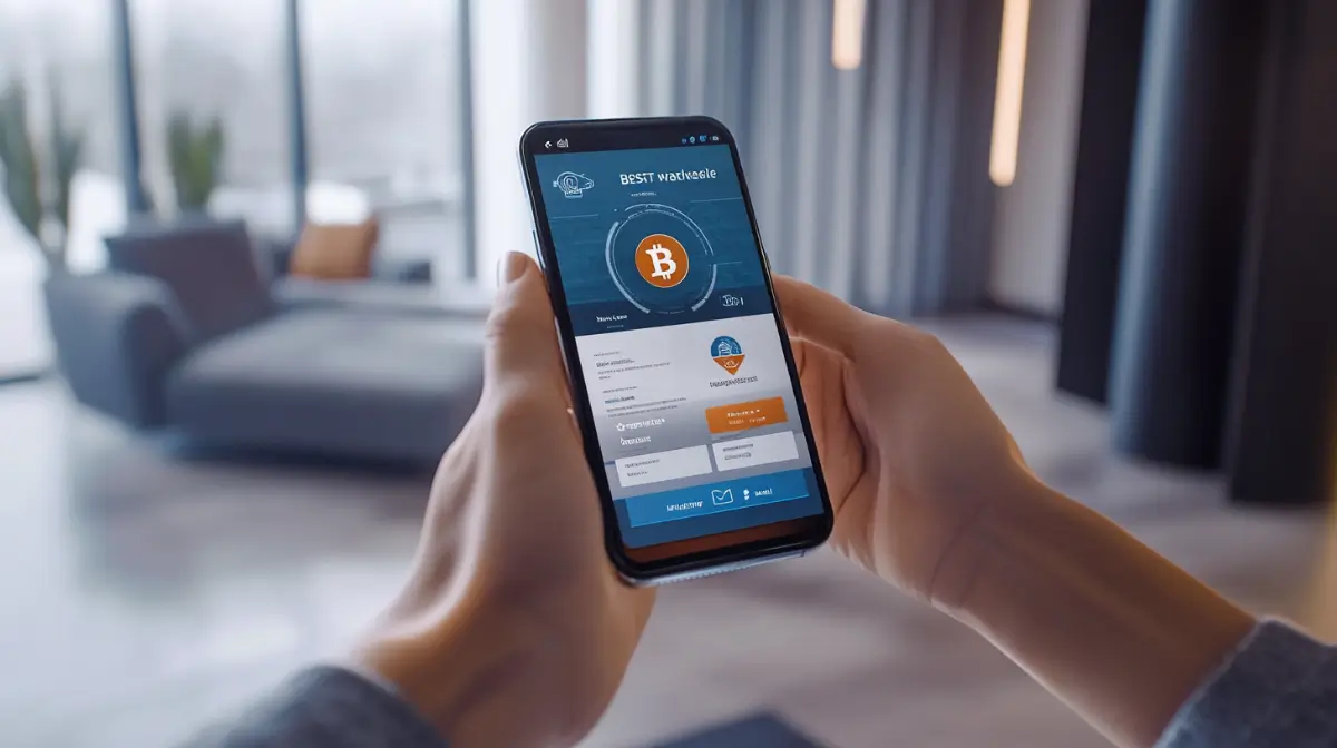 マートフォンに表示されたビットコイン取引アプリ「BESIT watksele」を手に持ち、リビングルームでデジタル通貨を管理している様子