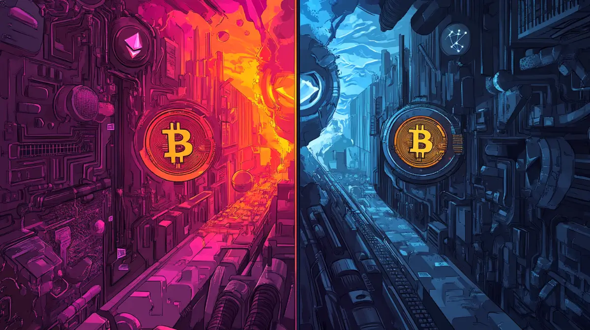 来的な回路デザインを背景に、赤橙色と青色に分かれた空間にビットコインとイーサリアムのシンボルが配置された芸術的なデジタルイラスト