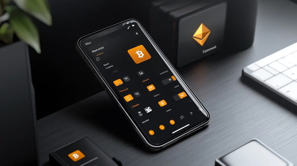 デスク上に置かれたスマートフォンにビットコイン関連アプリが表示され、その隣にイーサリアムロゴの描かれたハードウェアデバイスとキーボードが配置されている