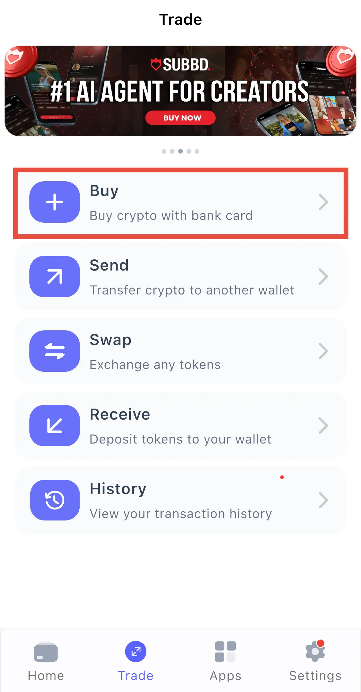 仮想通貨ウォレットアプリの取引画面。