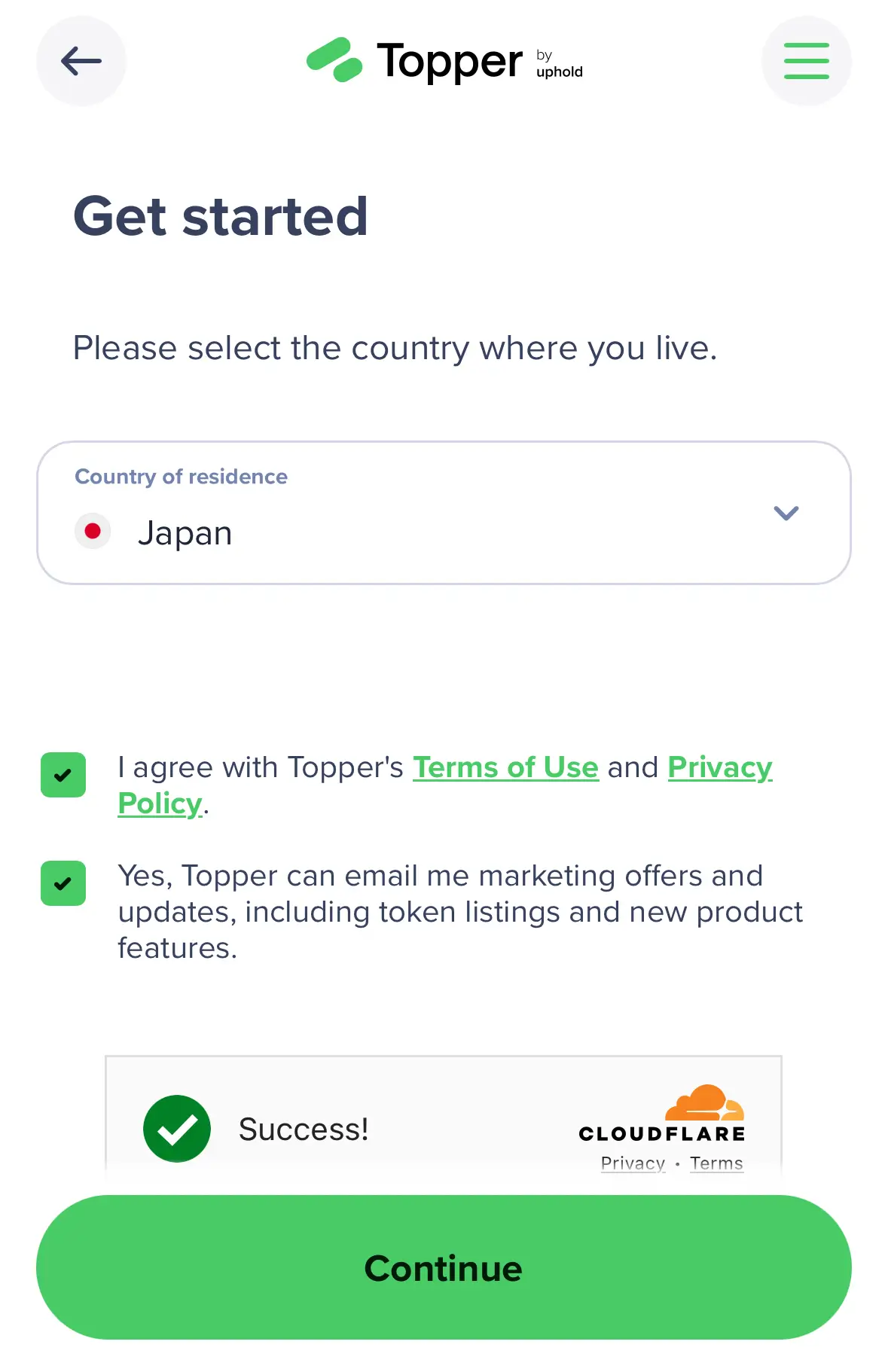 Topperの国選択および利用規約同意画面。