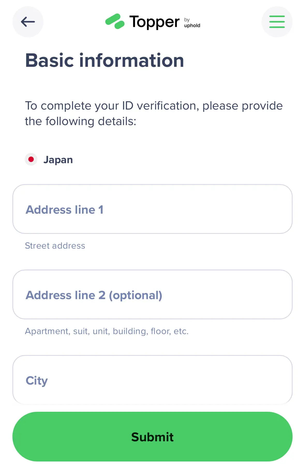 Topperの個人情報入力フォーム。