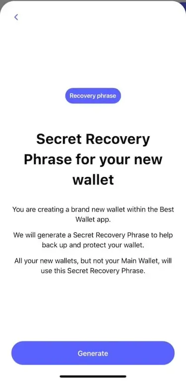 ベストウォレットアプリの復旧フレーズ画面。