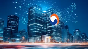 事業再編を示す二つに分かれる抽象的な建物と仮想通貨シンボル