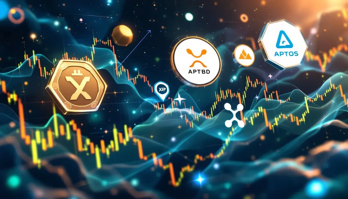 SUBBD、Aptos、XRP、Solanaのロゴと市場チャートが描かれた仮想通貨分析イメージ