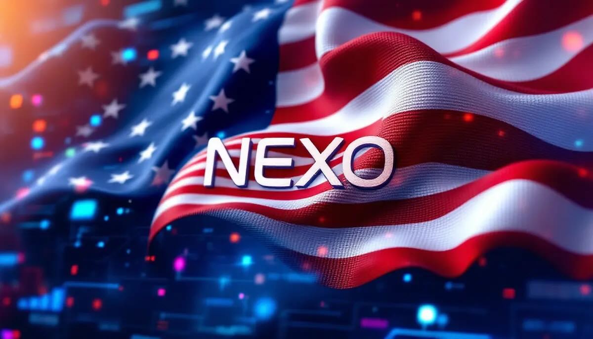 Nexoロゴとアメリカ国旗が融合し、金融と技術を表すデジタル背景に表示されているイメージ
