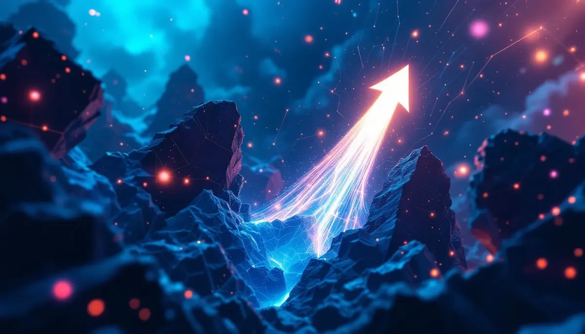 新しい仮想通貨Solaxy（SOLX）がデジタルな障壁を突破して上昇する未来的なイメージ
