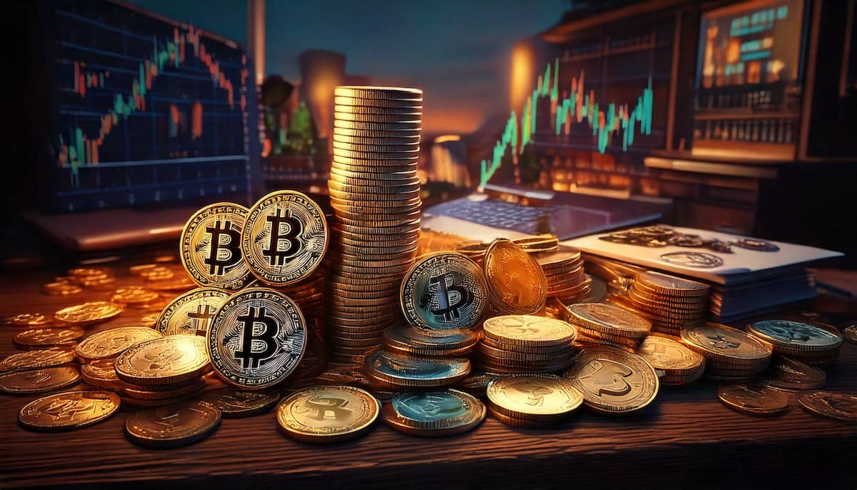 仮想通貨が積み重なって塔になっている