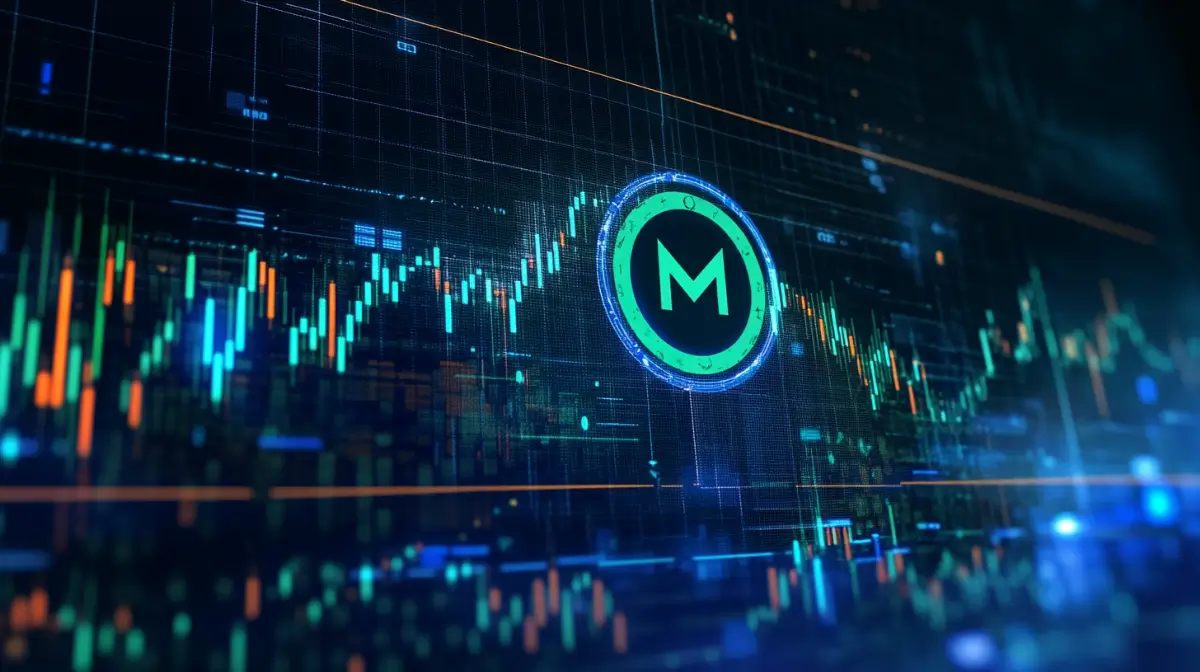 トレーディングチャートと価格データを背景にしたモネロの仮想通貨シンボル