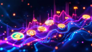 成長する複数の仮想通貨コインがグラフ上で発光しているイメージ