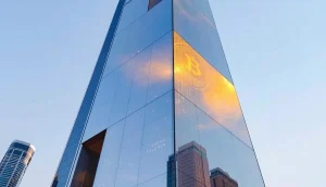 アブダビの近代的な金融ビルとビットコインのモチーフ