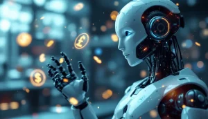 AI技術と仮想通貨取引を表現した未来的なイメージ