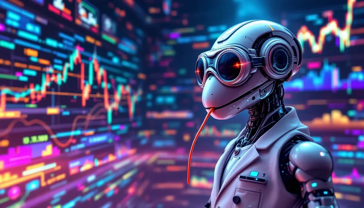 AIロボットが仮想通貨のデータを解析している近未来的なイメージ