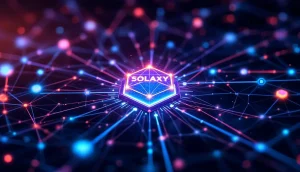 中央で輝くSolaxy（SOLX）ノードを中心に、相互接続されたブロックチェーンネットワークが革新と成長を象それに代わる抽象画。