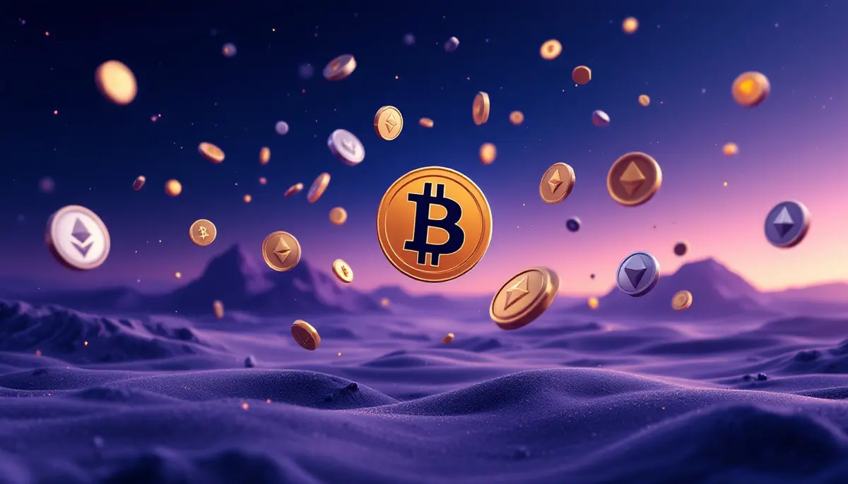 上昇するアルトコインとビットコインを表現した未来的なデジタル空間