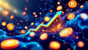 2025年に向けて成長が期待される様々なアルトコインとネットワークを示す未来的なイラスト