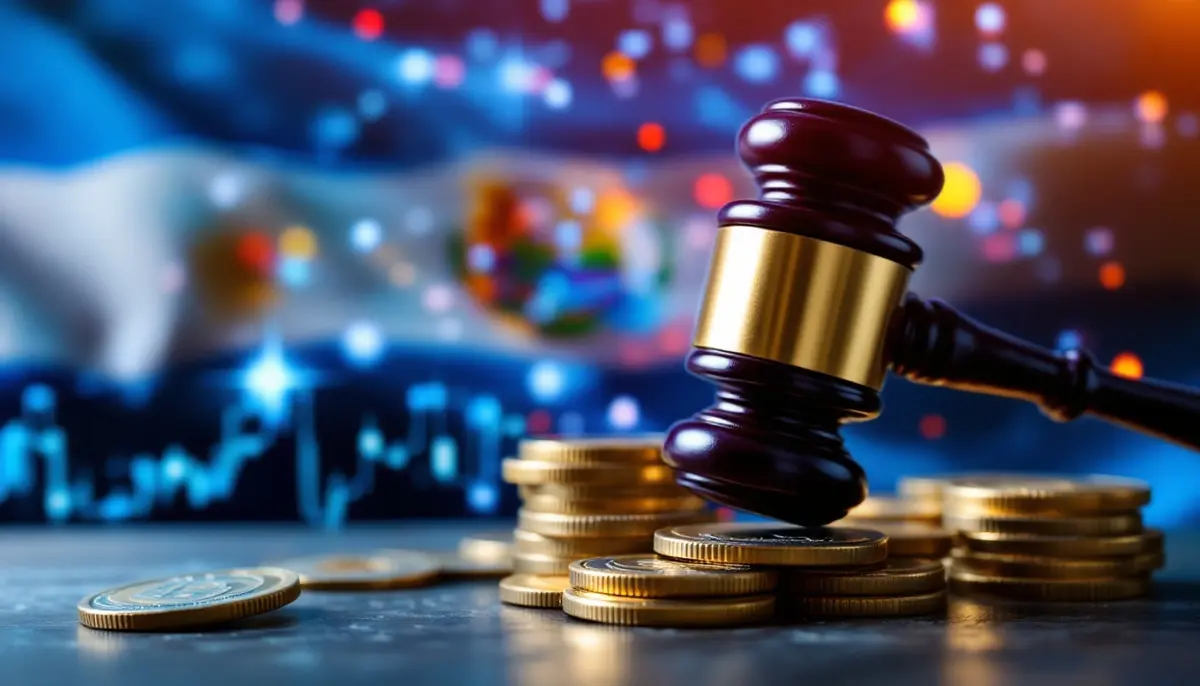 アルゼンチン国旗の前で仮想通貨と判事のガベルを持つ裁判官